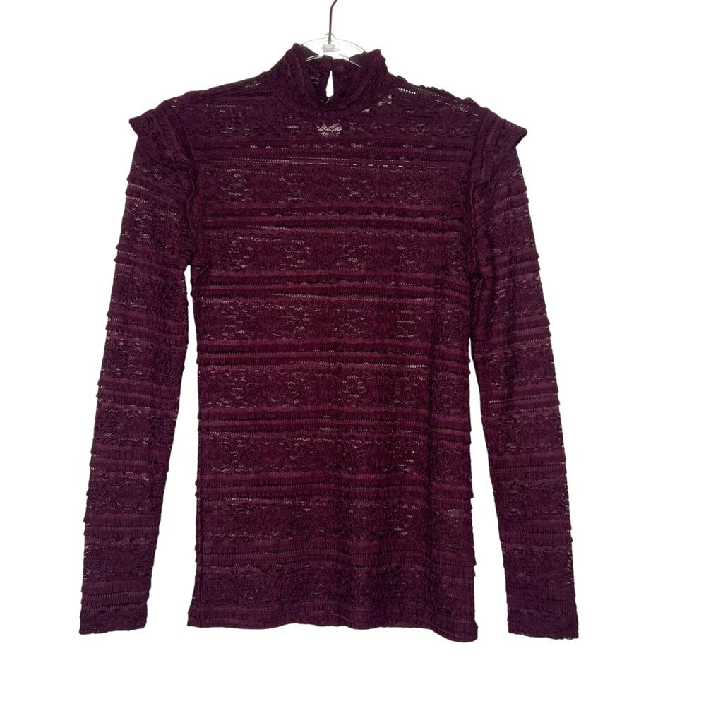 MELROSE AND MARKET Turtleneck Lace Top Long Sleeve Ruffle Trim Burgundy Size XS